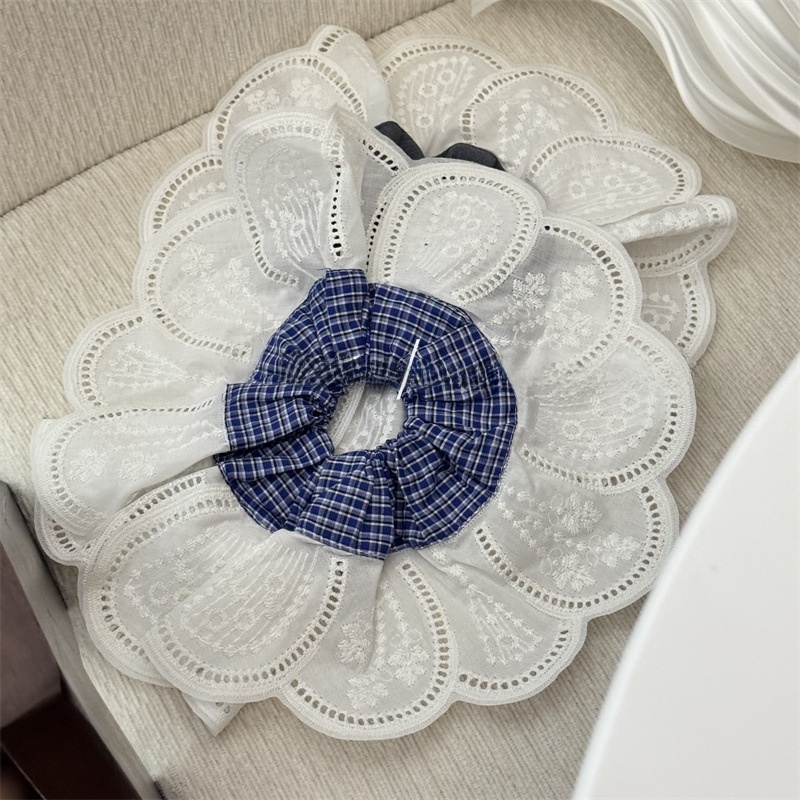 Women's All Season Cloth Scrunchie Hair Tie Grey Blue Plaid Patchwork