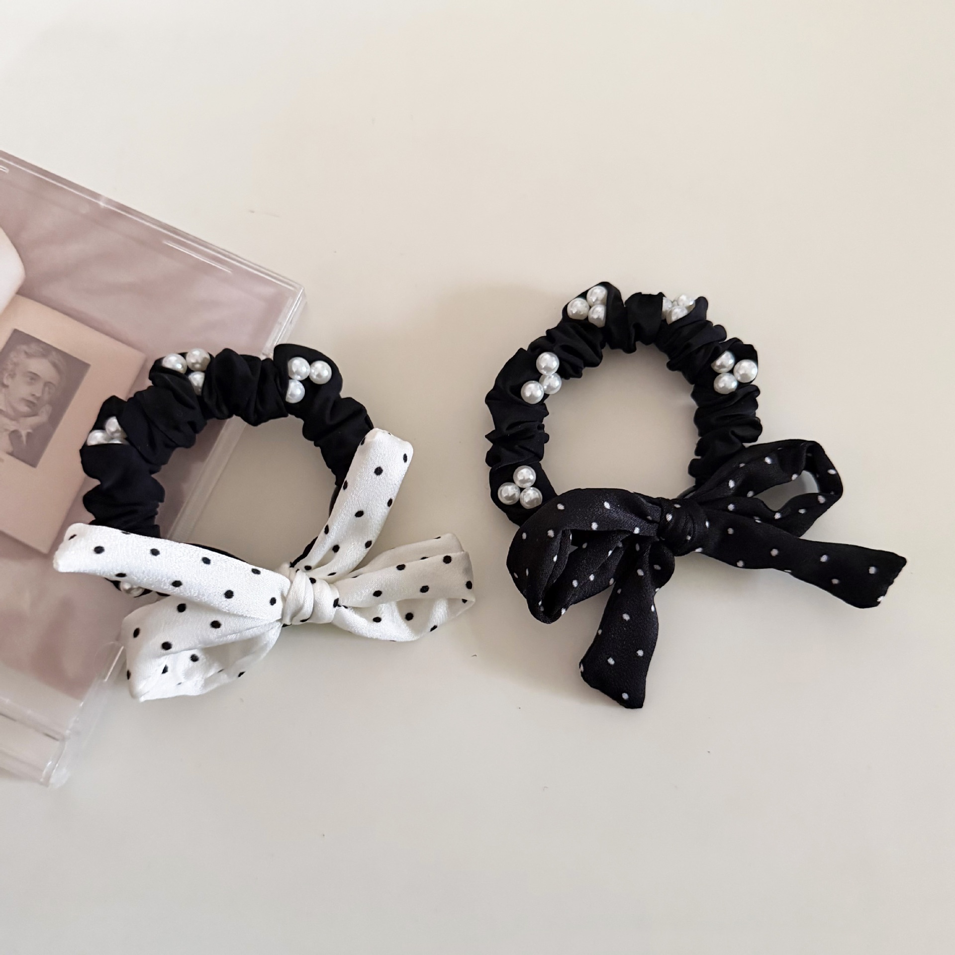 Women's Pearl Bowknot Cloth Elastic Hair Band Black And White Polka Dot