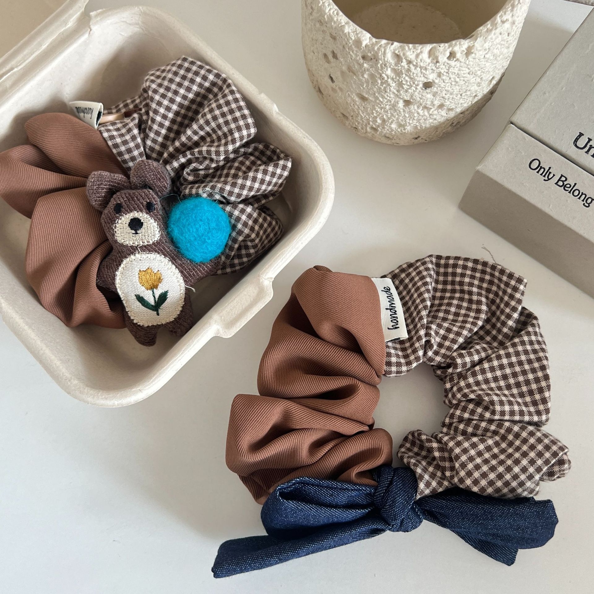 Women's Elegant Plaid Cloth Hair Ties Cute Bear Low Bun Hair Ropes