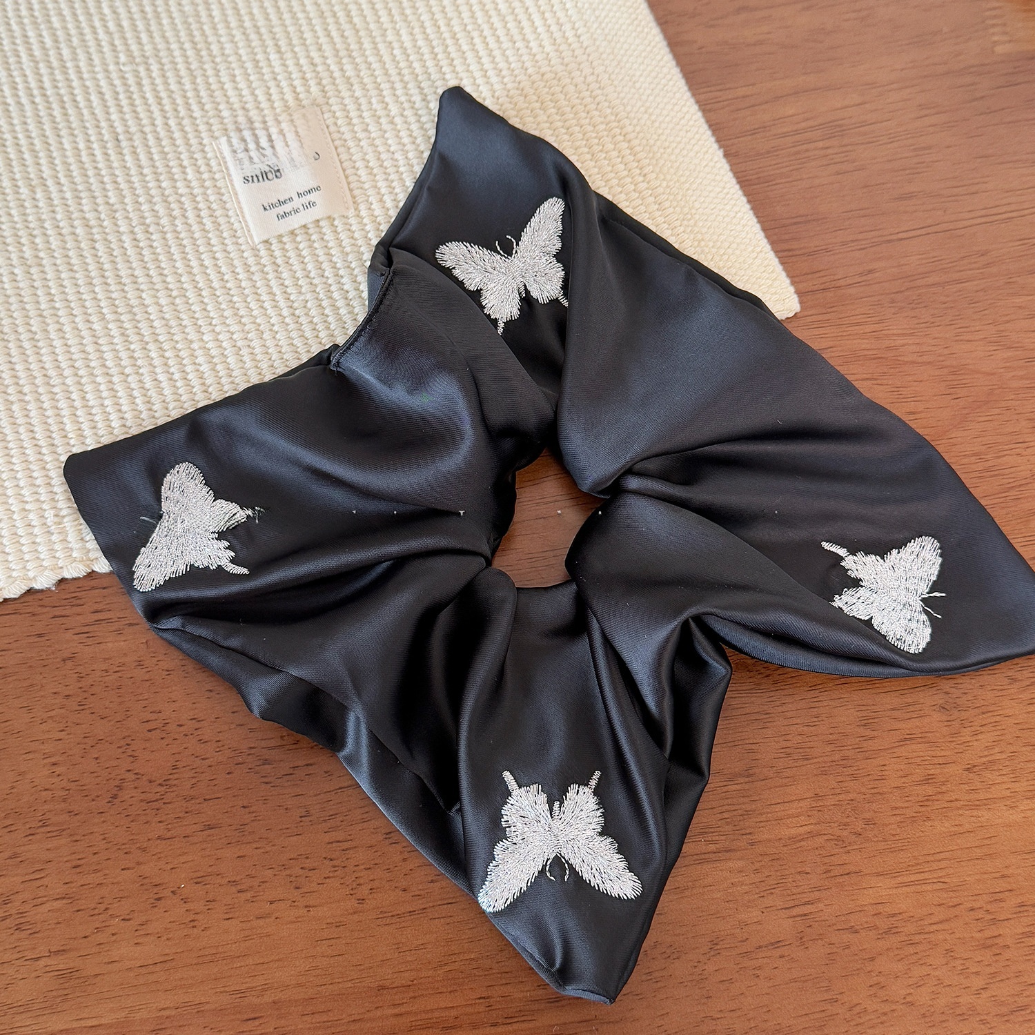 Women's All Season Satin Hair Tie Black Silver Butterfly Embroidery