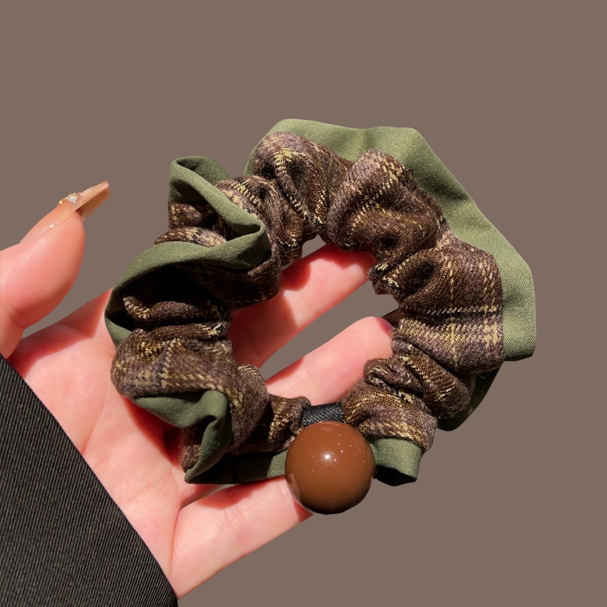 Women's Cloth High Ponytail Hair Tie Headband Vintage Green Plaid