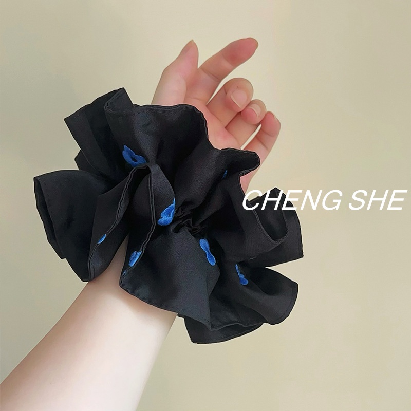 Women's Elastic Cloth Bowknot Scrunchie Fresh Blue Floral Embroidery