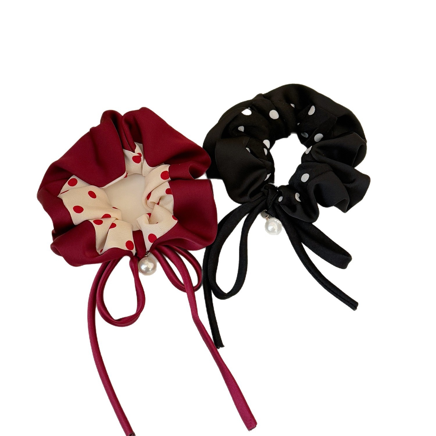 Women's Elastic Pearl Bow Cloth Hair Tie For Buns Black Red Polka Dot