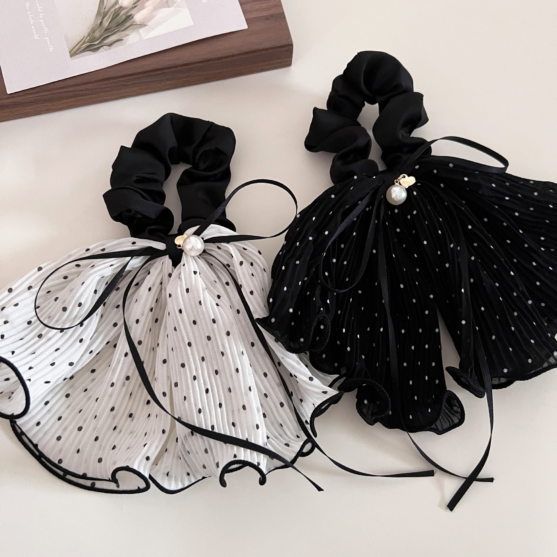 Women's Elegant French Gauze Bowknot Hair Tie Black White Polka Dot