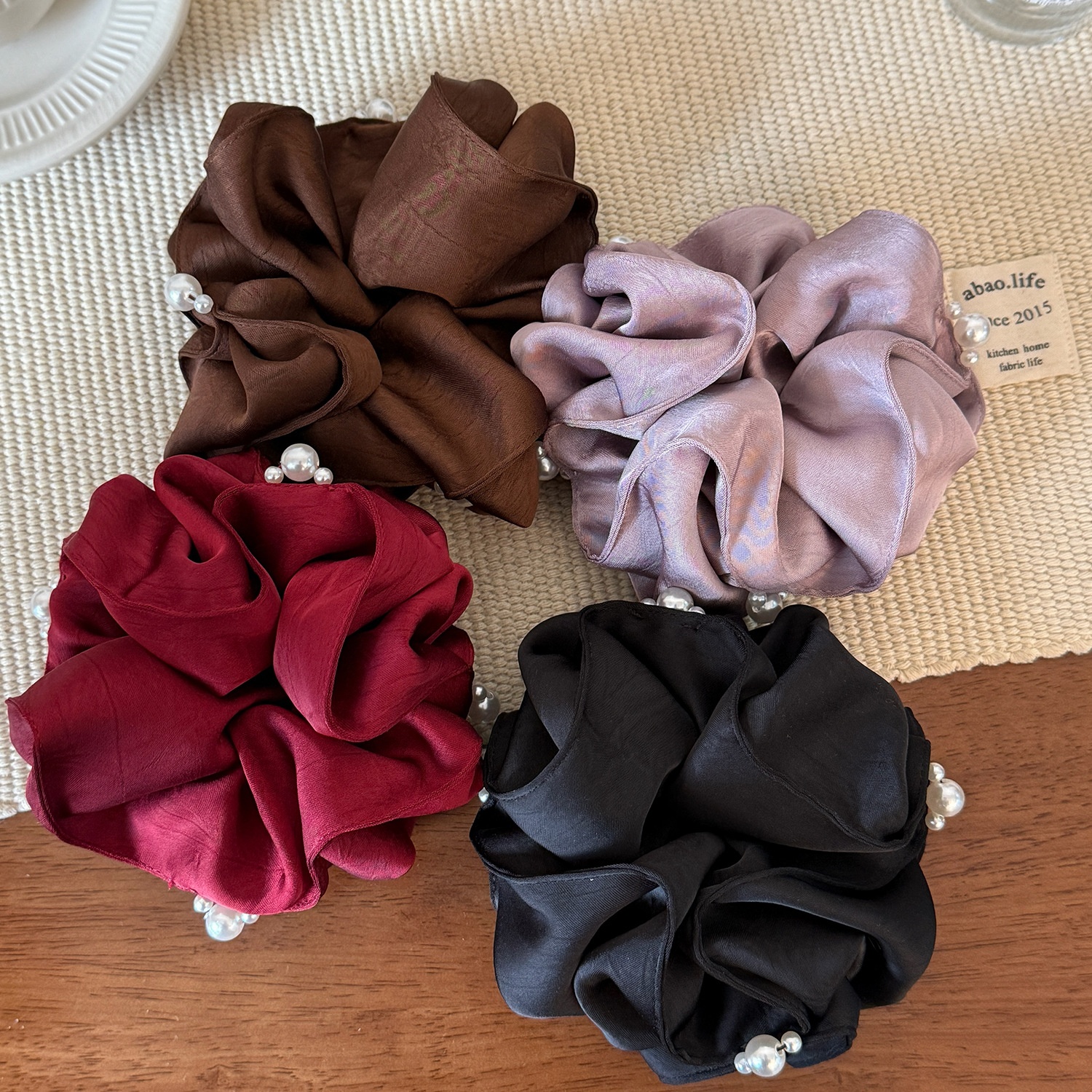 Women's Elegant Satin Pearl Pleated Flower Hair Tie Elastic Bun Band