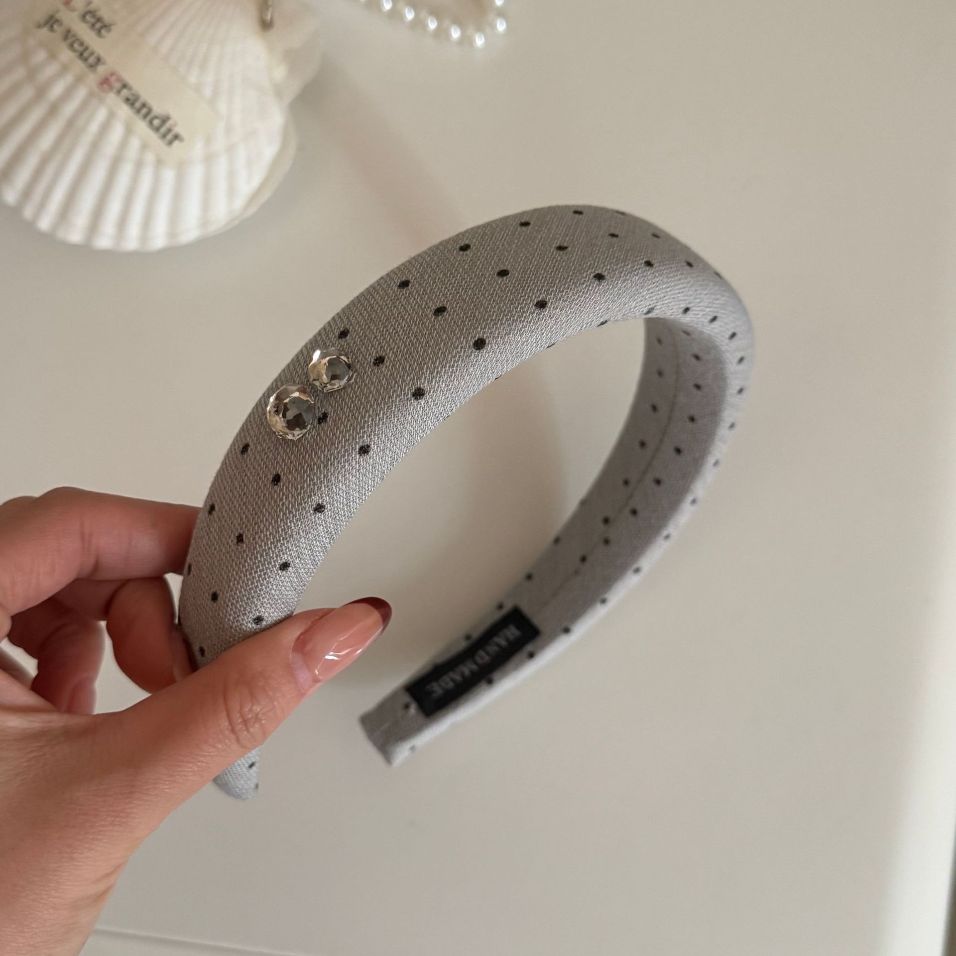 Women's French Style Spring Pearl Cloth Hair Band Blue Polka Dots