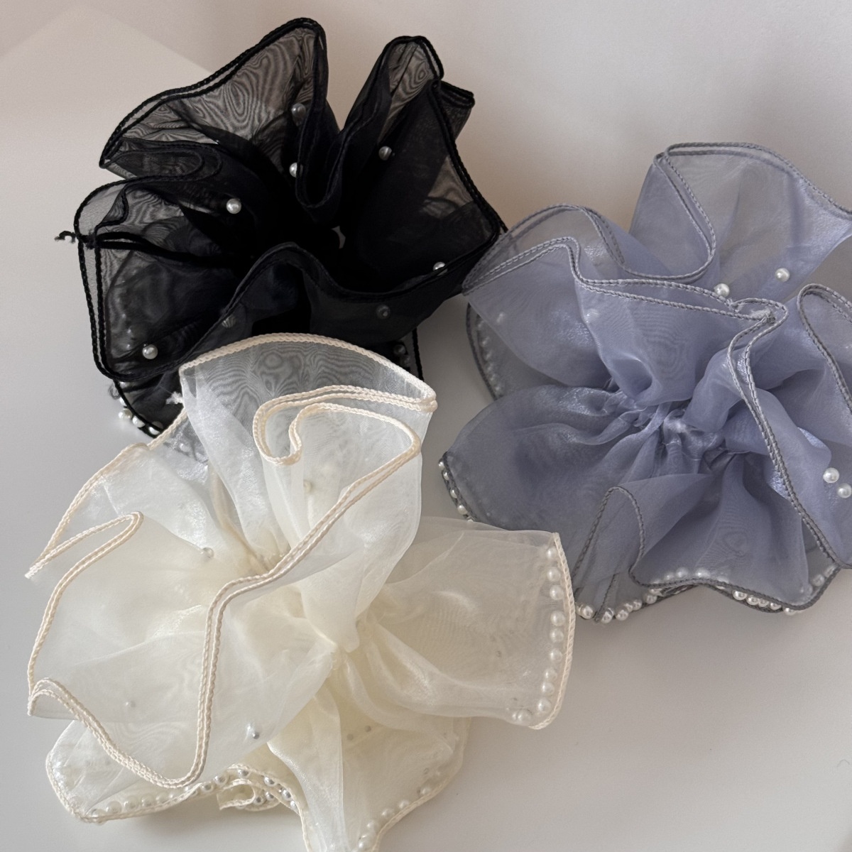 Women's Extra Large Hepburn Beaded Net Hair Tie Volume-Increasing Solid Cloth