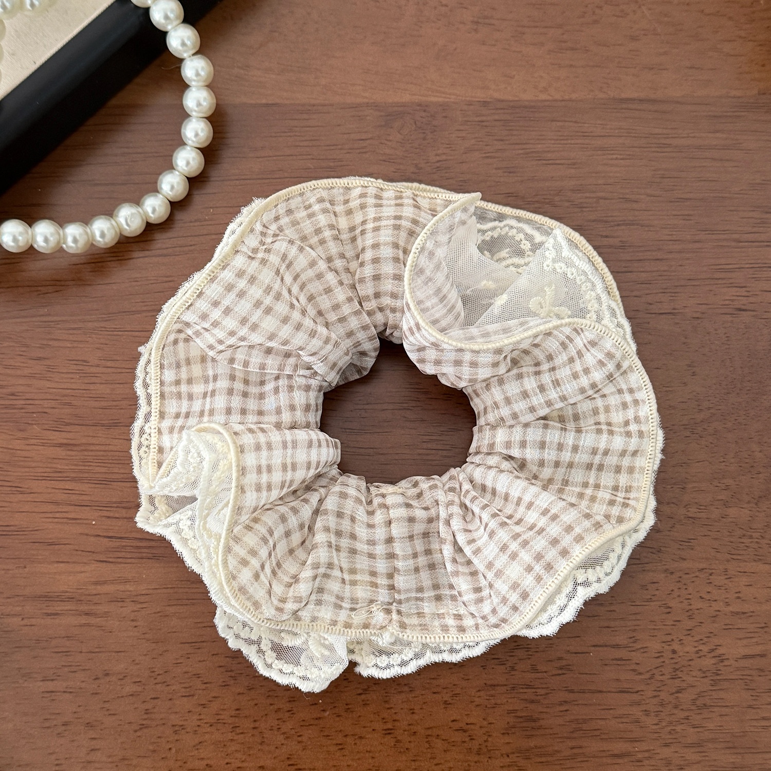 Women's Daily Preppy Style Gauze Hair Tie Classic Black Plaid