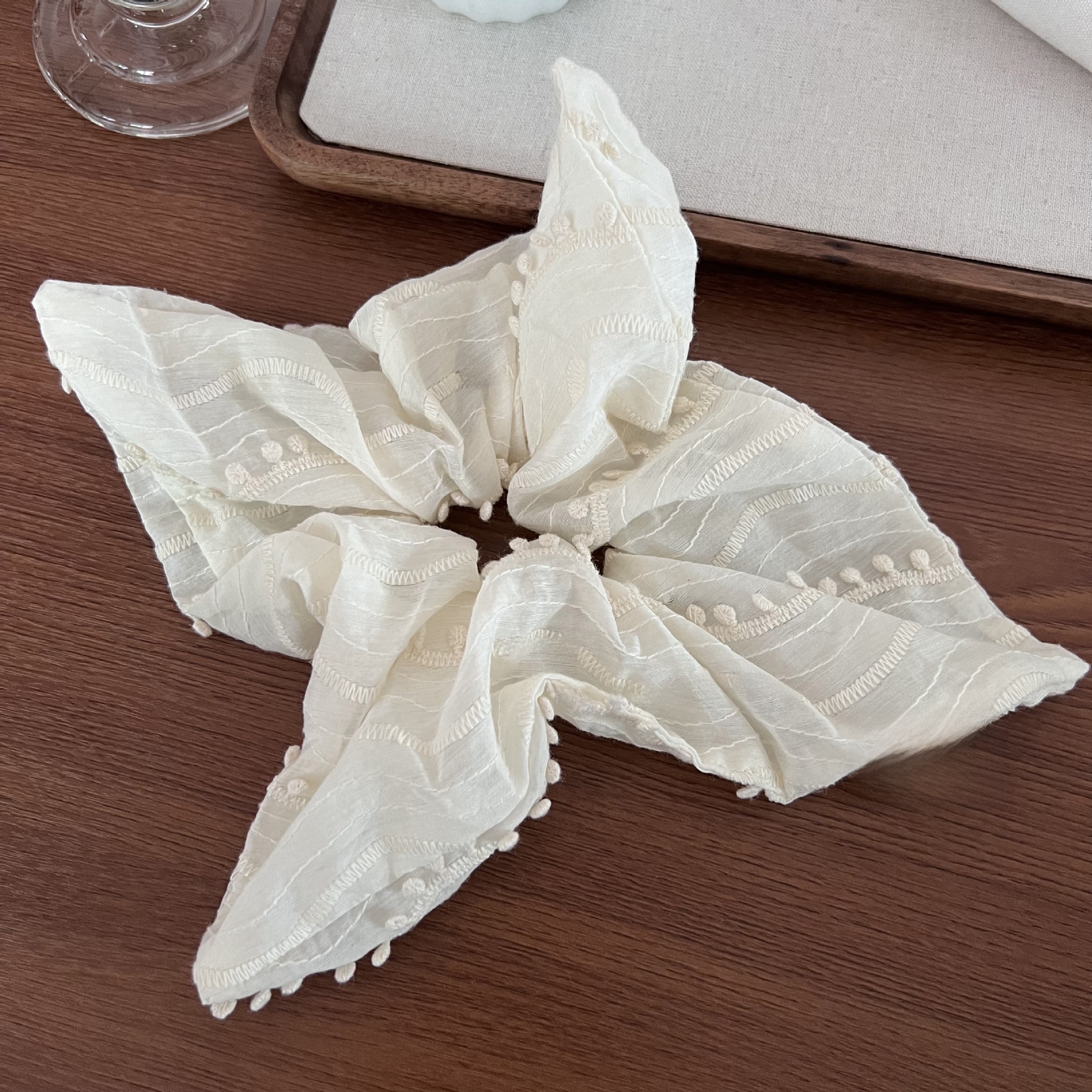 Women's Lace Scarf Hair Tie Headband For Bun Hairstyle Beige Tassel