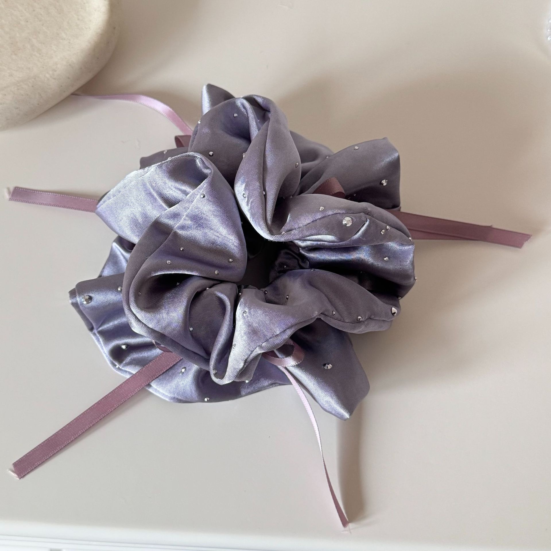 Women's Spring French Rhinestone Bowknot Hair Rubber Band Pink Satin