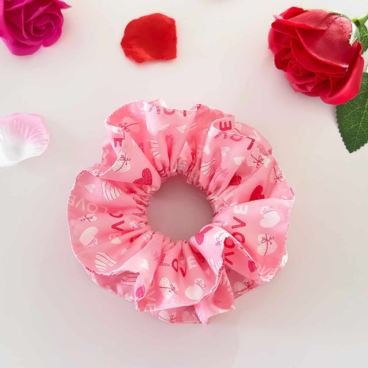 Women's Double Layer Cloth Hair Scrunchie Valentine Heart Lip Pattern