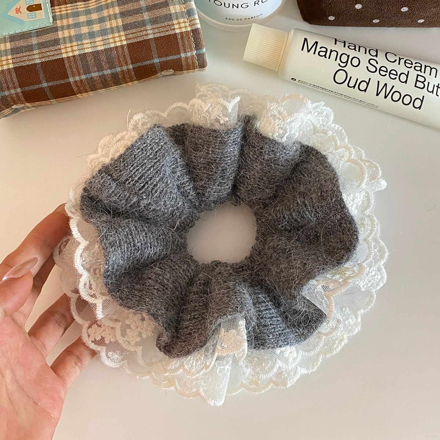 Women's Soft Knitted Lace Oversized Hair Tie Grey Elastic Ponytail Band