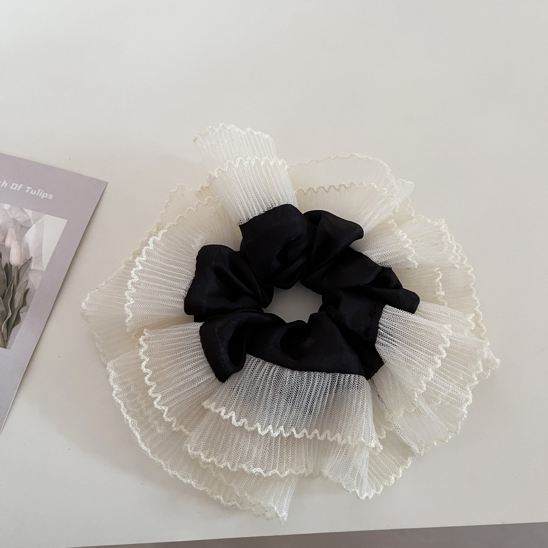 Women's French Soft Gauze Ruffled Hair Tie Ball Head Solid Color