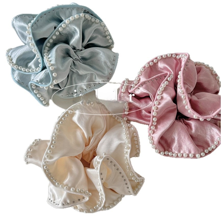 Women's French Satin Pearl Beaded Elastic Scrunchie Solid Color
