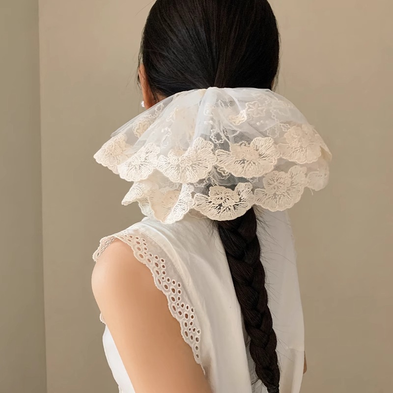 Women's French Elegant Extra Large White Lace Headband Fairy Style Hair Tie