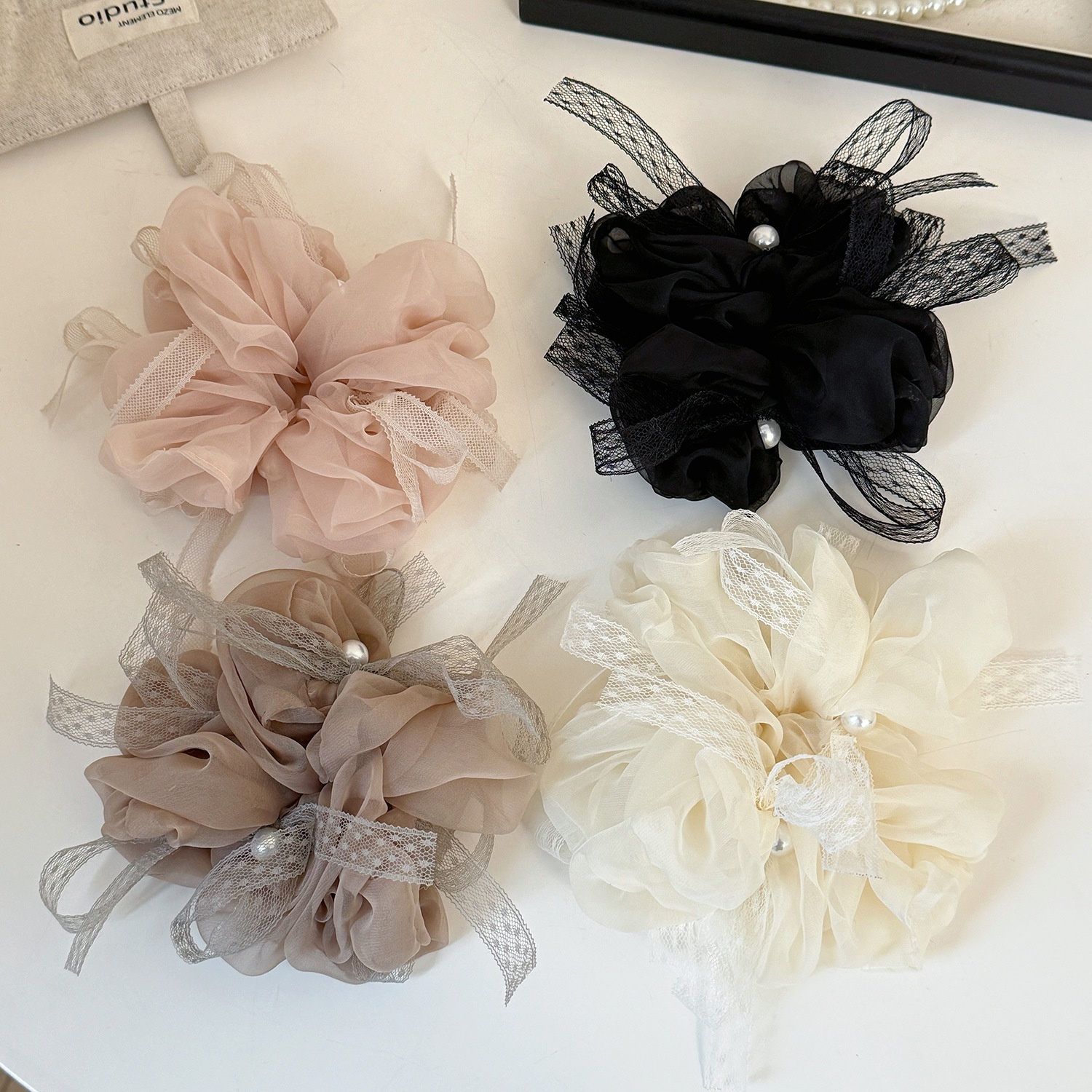 Women's French Style Summer Organza Hair Tie in Beige, Pink, Black