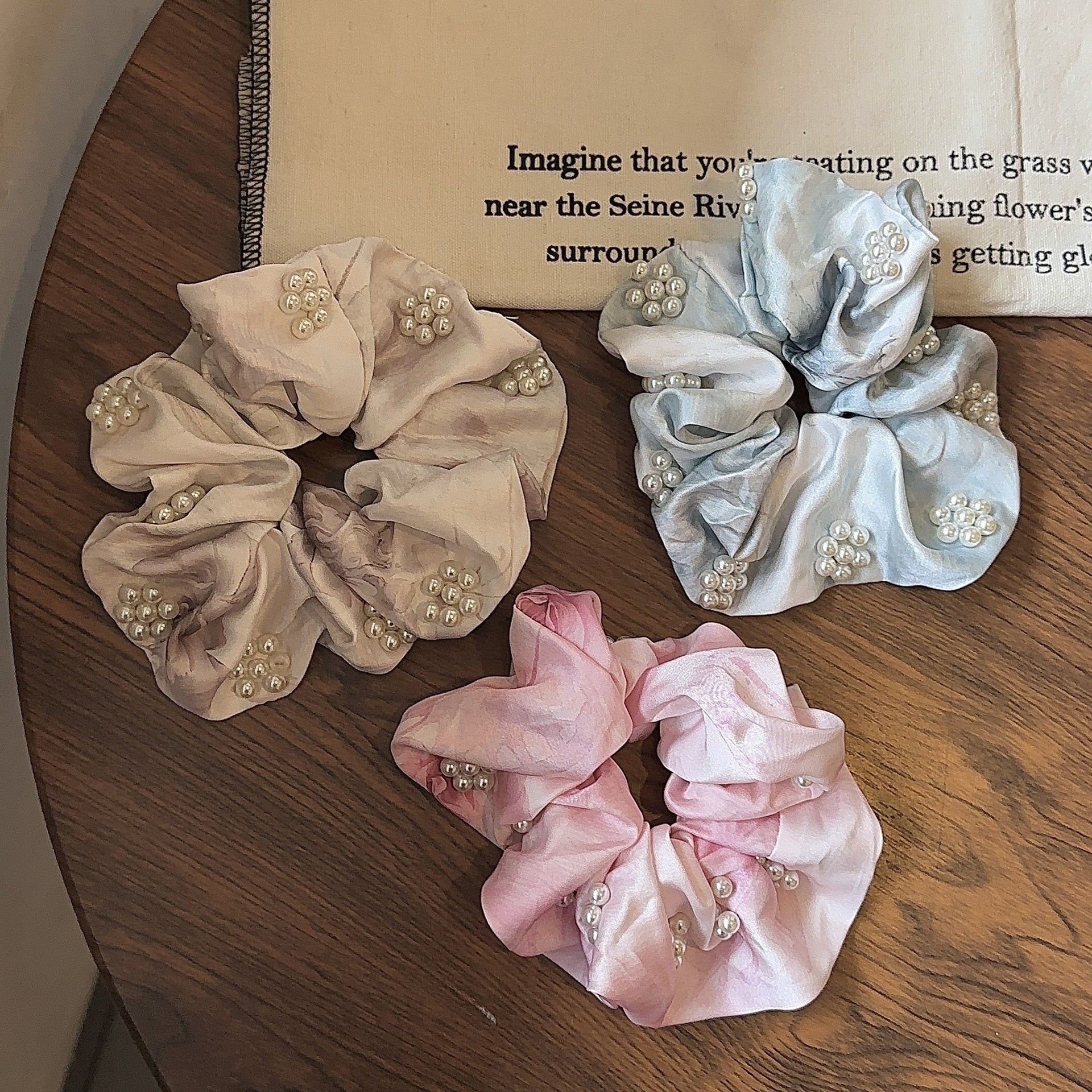 Women's French Satin Pearl Foldable Bubble Hair Tie Solid Color