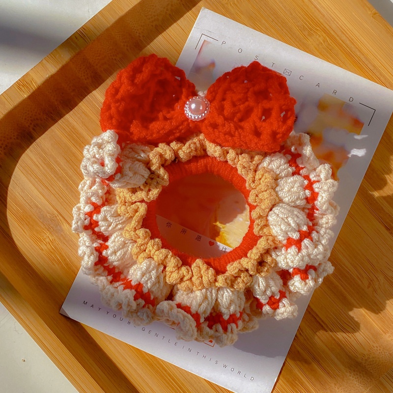 Women's Handmade Knitted Yarn Scrunchie Bellflower Bowknot Hair Tie