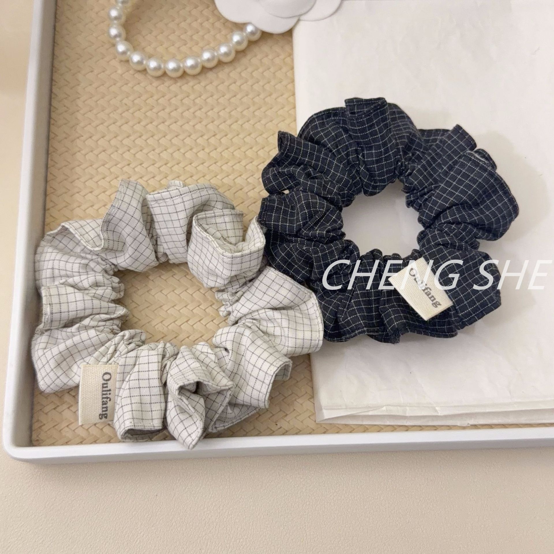 Women's Vintage Soft Cloth Hair Tie Spring Season Accessory Black Plaid