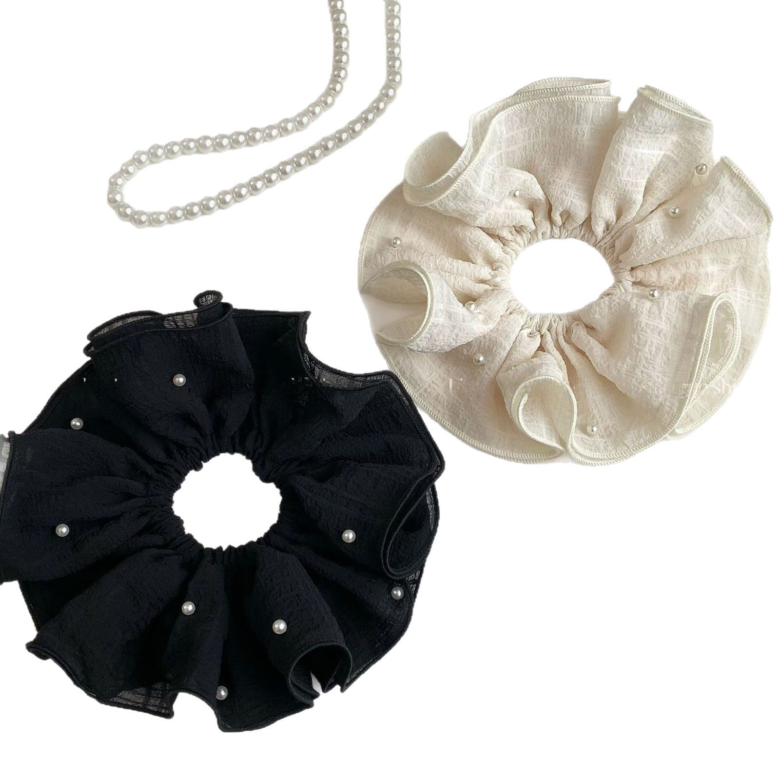 Women's Elegant Spring Pearl Gauze Hair Tie Accessory Beige Lace