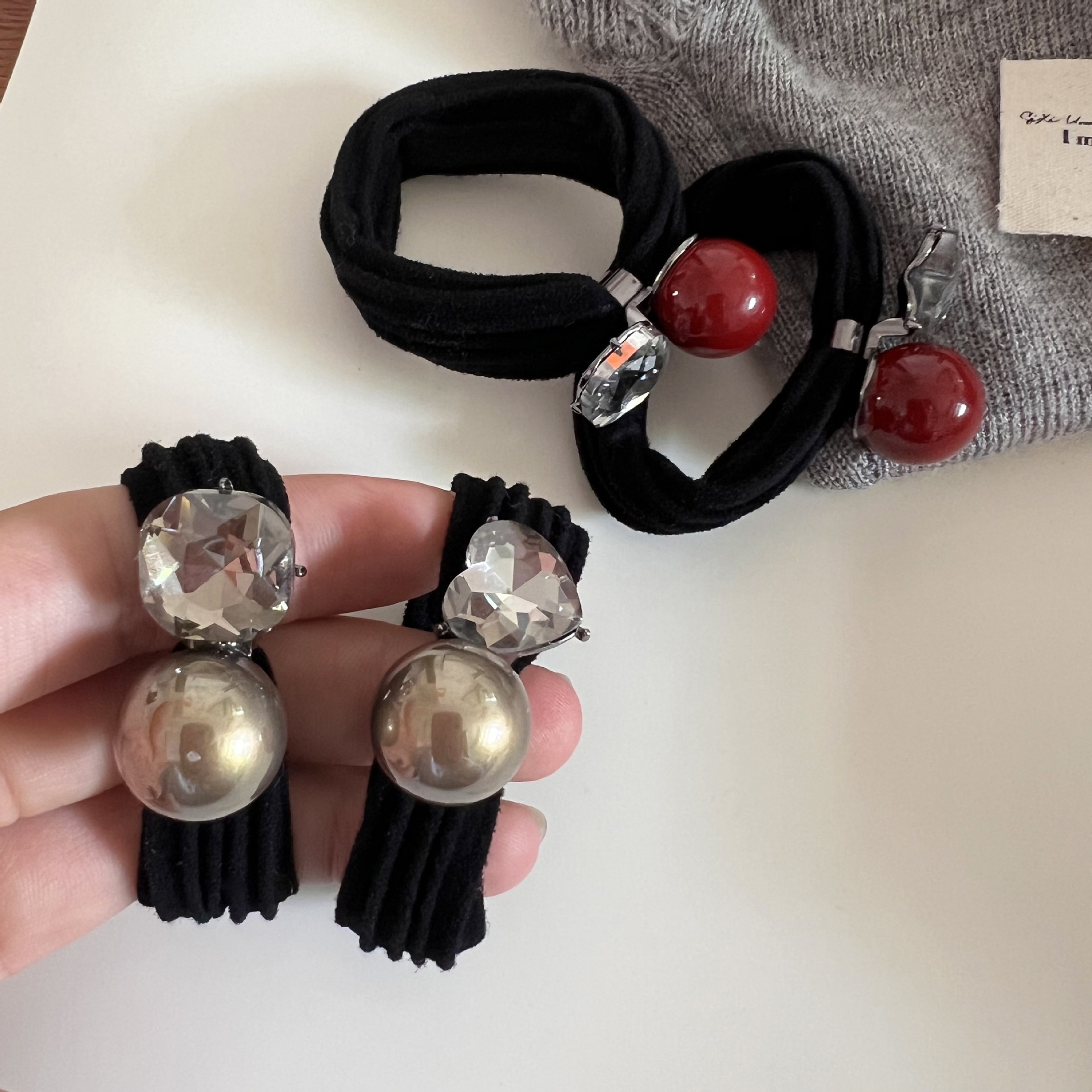 Women's Pearl Rhinestone Elastic Hair Band All-Season Red Champagne Black Heart