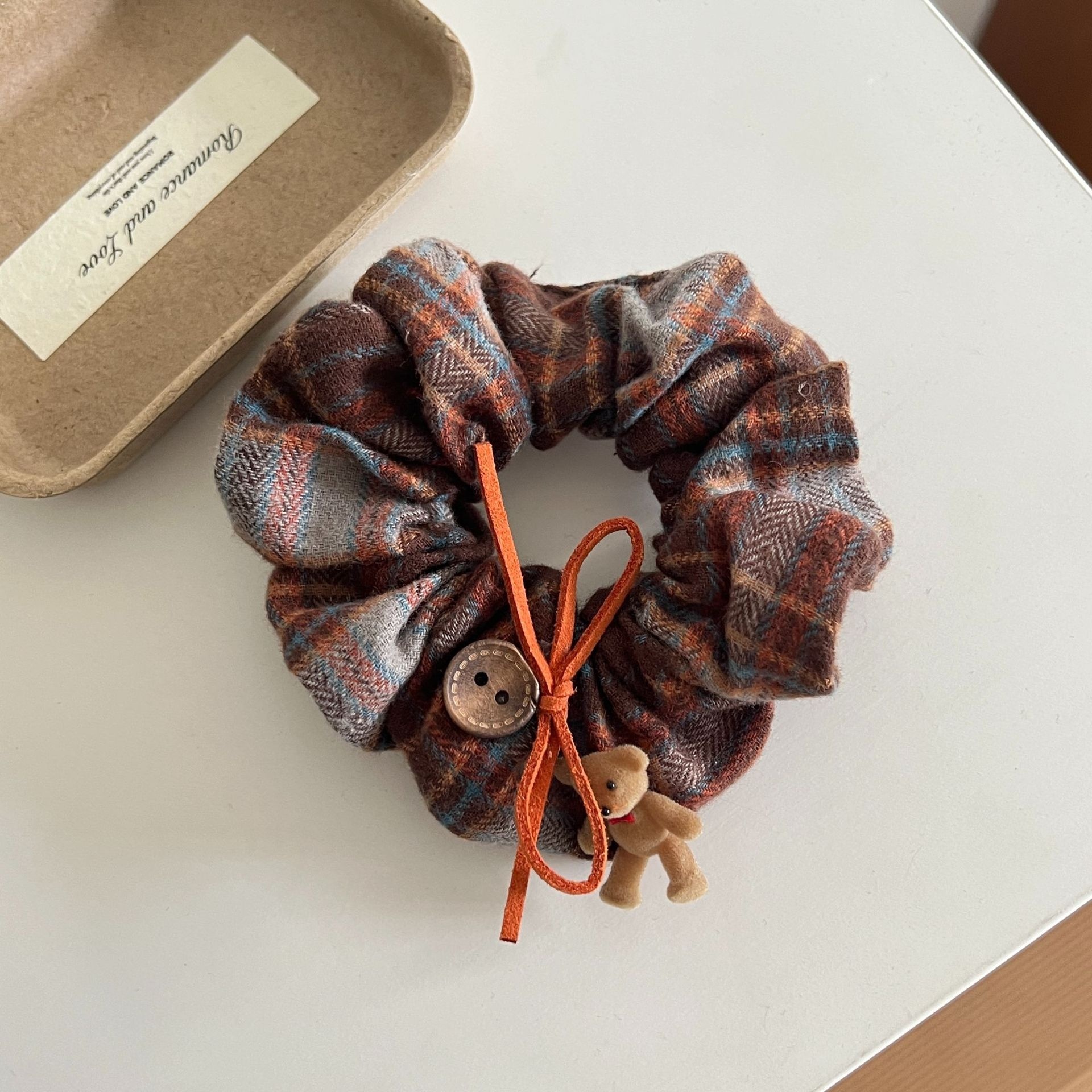 Girls Preppy College Style Cloth Hair Tie Scrunchie Coffee Plaid