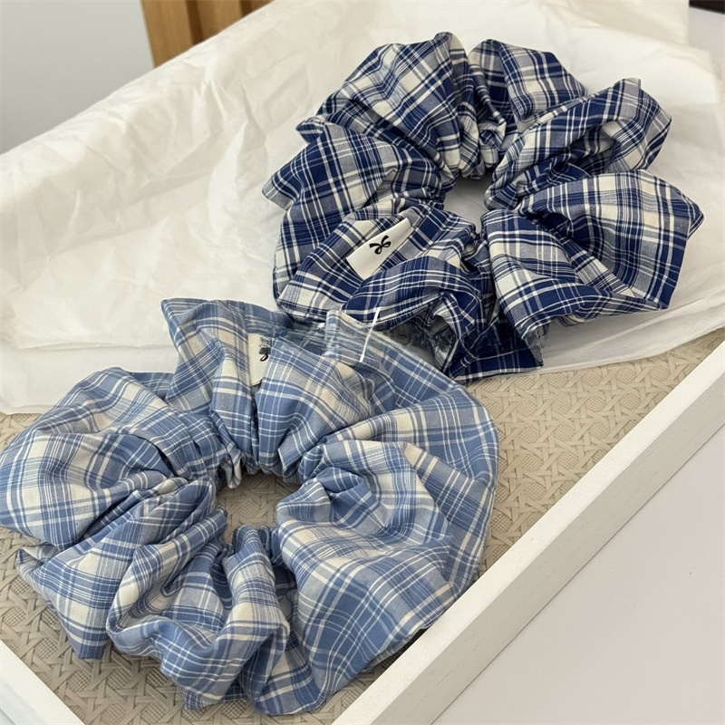 Women's Everyday Cloth Scrunchie Hair Tie Navy Blue Checkered Plaid