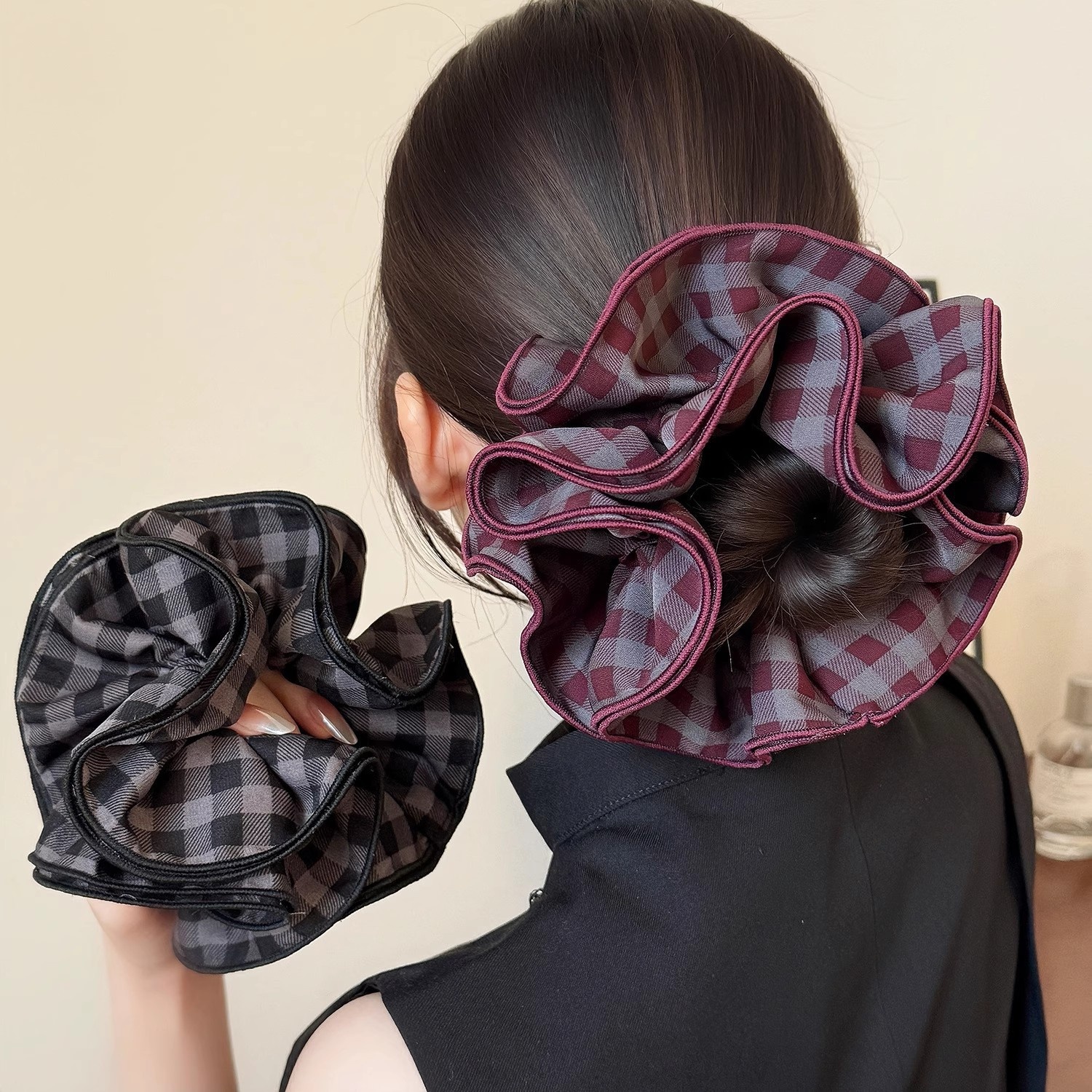 Women's Vintage Four Layer Cloth Hair Bands Chocolate Dark Blue Plaid