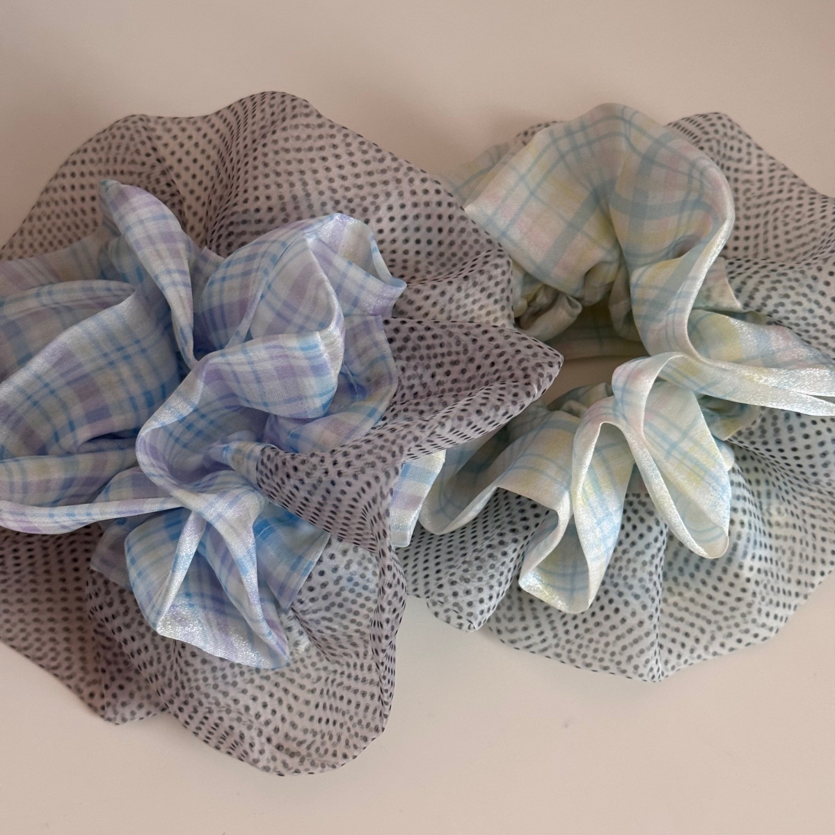 Women's Oversized Spring Tulle Hair Tie Scrunchie Green Polka Dots