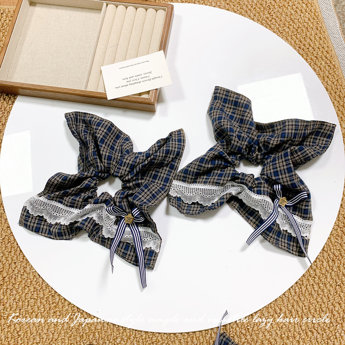 Women's Winter Lazy Style Large Fabric Bow Hairband Blue Plaid