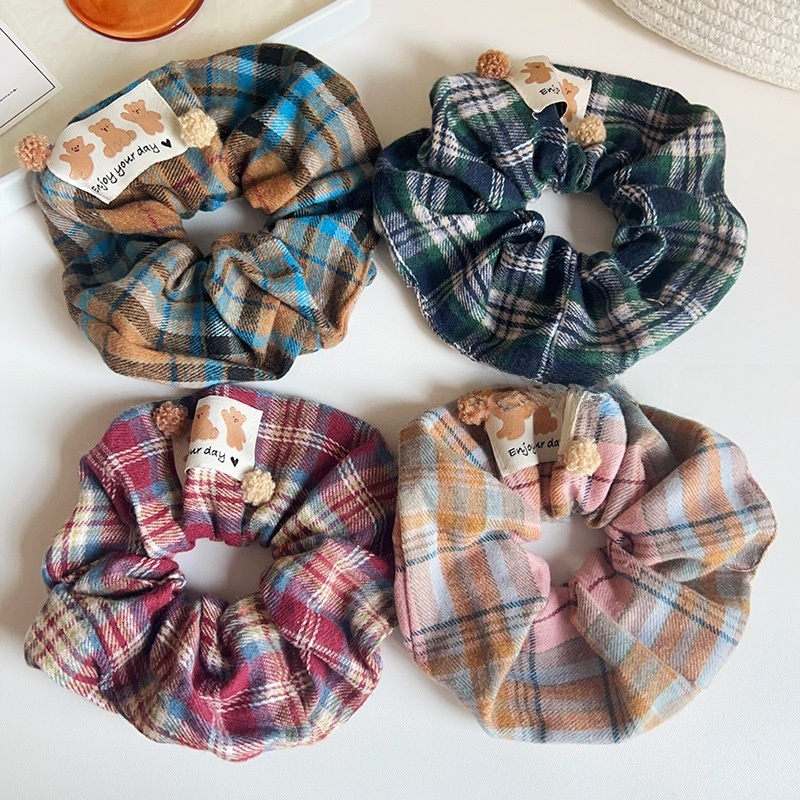 Women's Autumn Styling Cloth Hair Tie Grey Plaid Little Bear Pattern