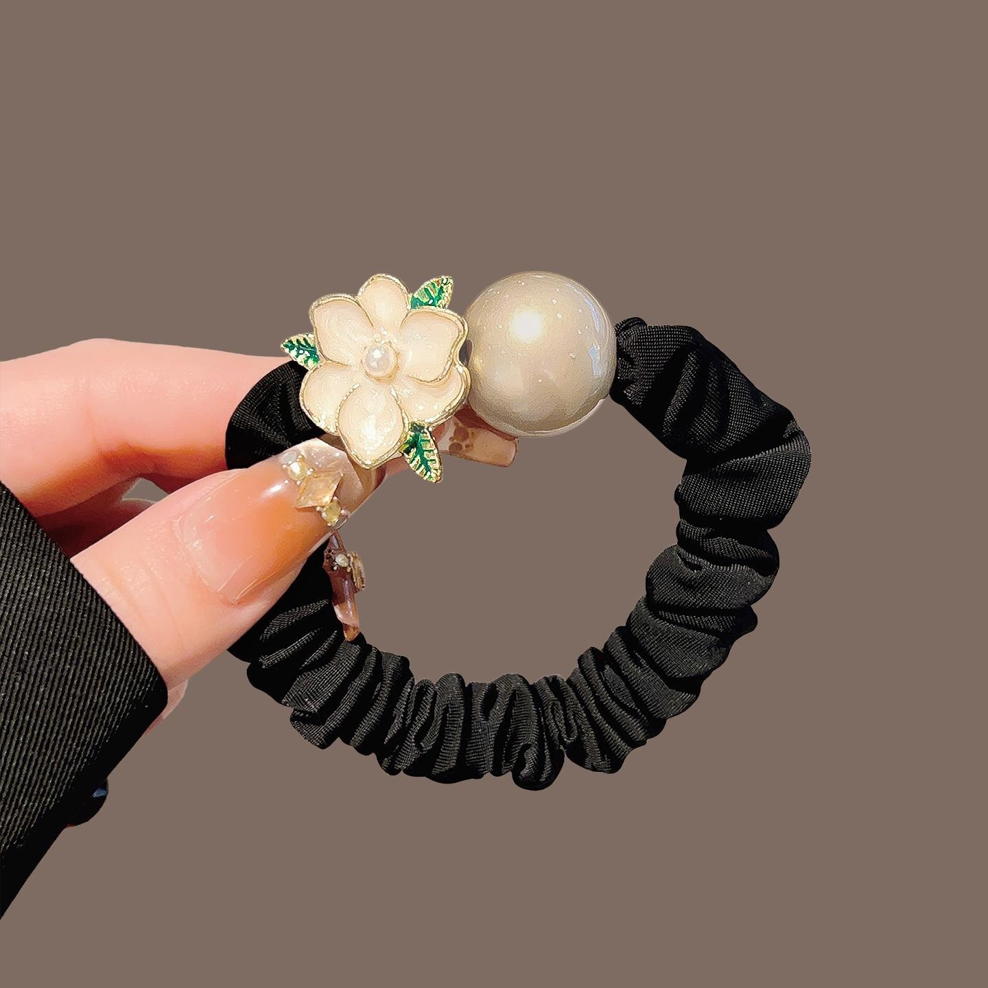 Women's High Elastic Pearl Ponytail Holder Black Camellia Flower