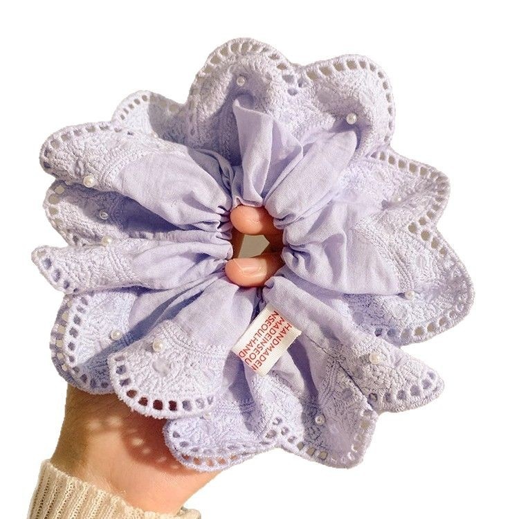 Women's Elegant Pleated Ponytail Bun Hair Tie Yellow Lace Pearl Flower