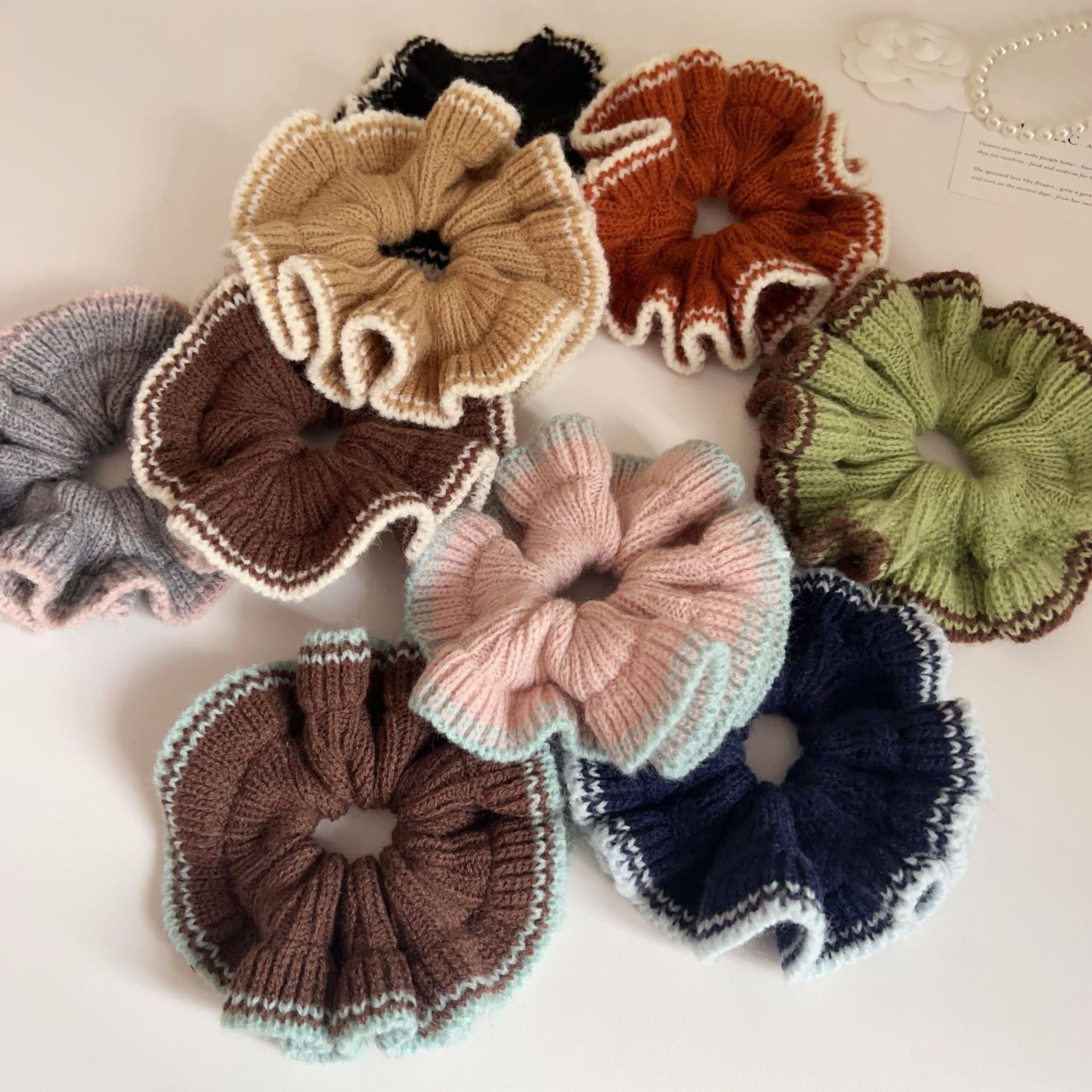 Women's Autumn Winter Warm Yarn Hair Tie Pink Plaid Color Block