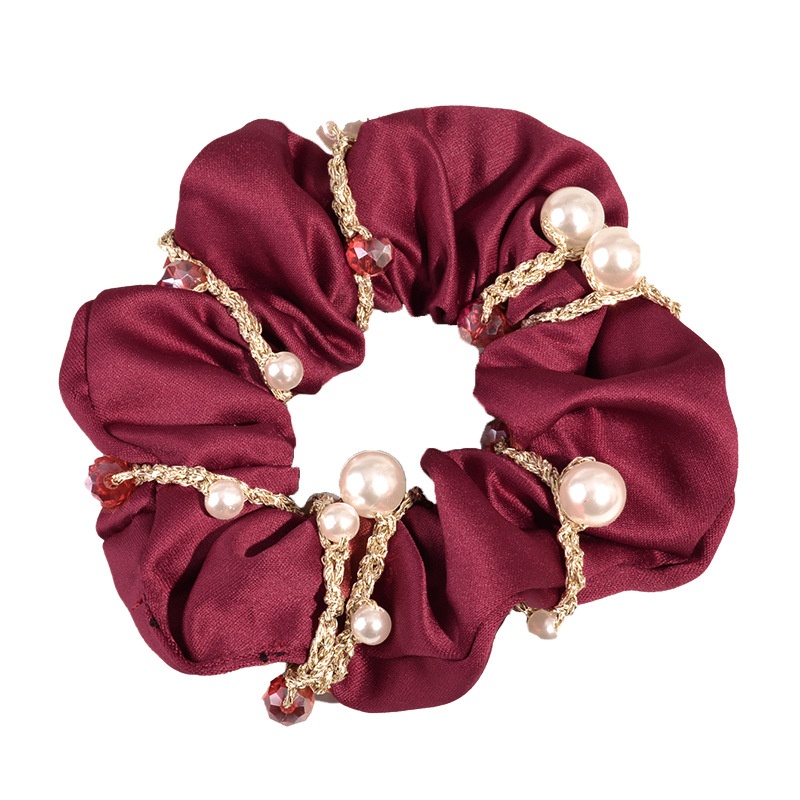 Women's Dual-Use Pearl Crystal Cloth Hair Tie Bracelet Solid Beige Black