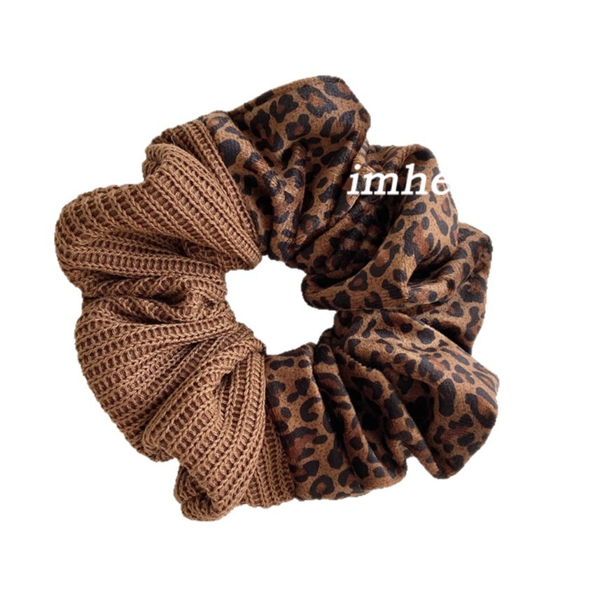 Women's Winter Velvet Hair Bun Tie Coffee Brown Leopard Print