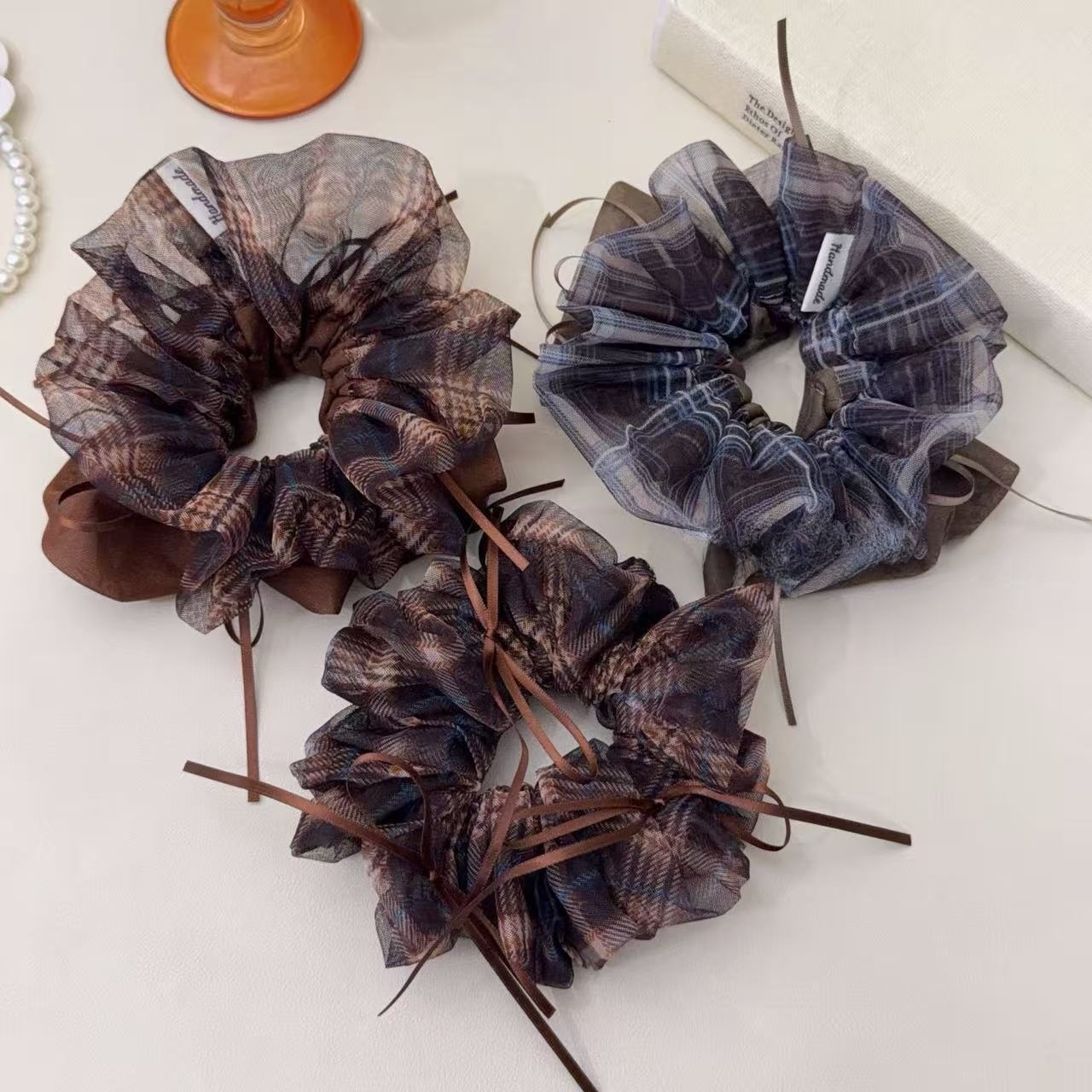 Women's Preppy Organza Bowknot Scrunchie Coffee Plaid Hair Tie