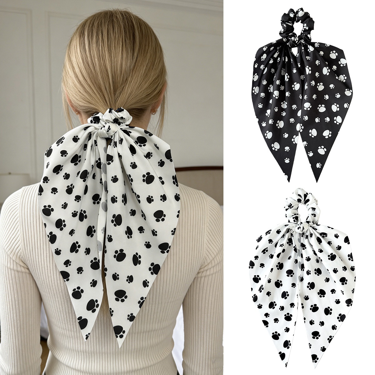 Women's Spring Cloth Hair Tie Accessory Cute Black Paw Print Bow Knot