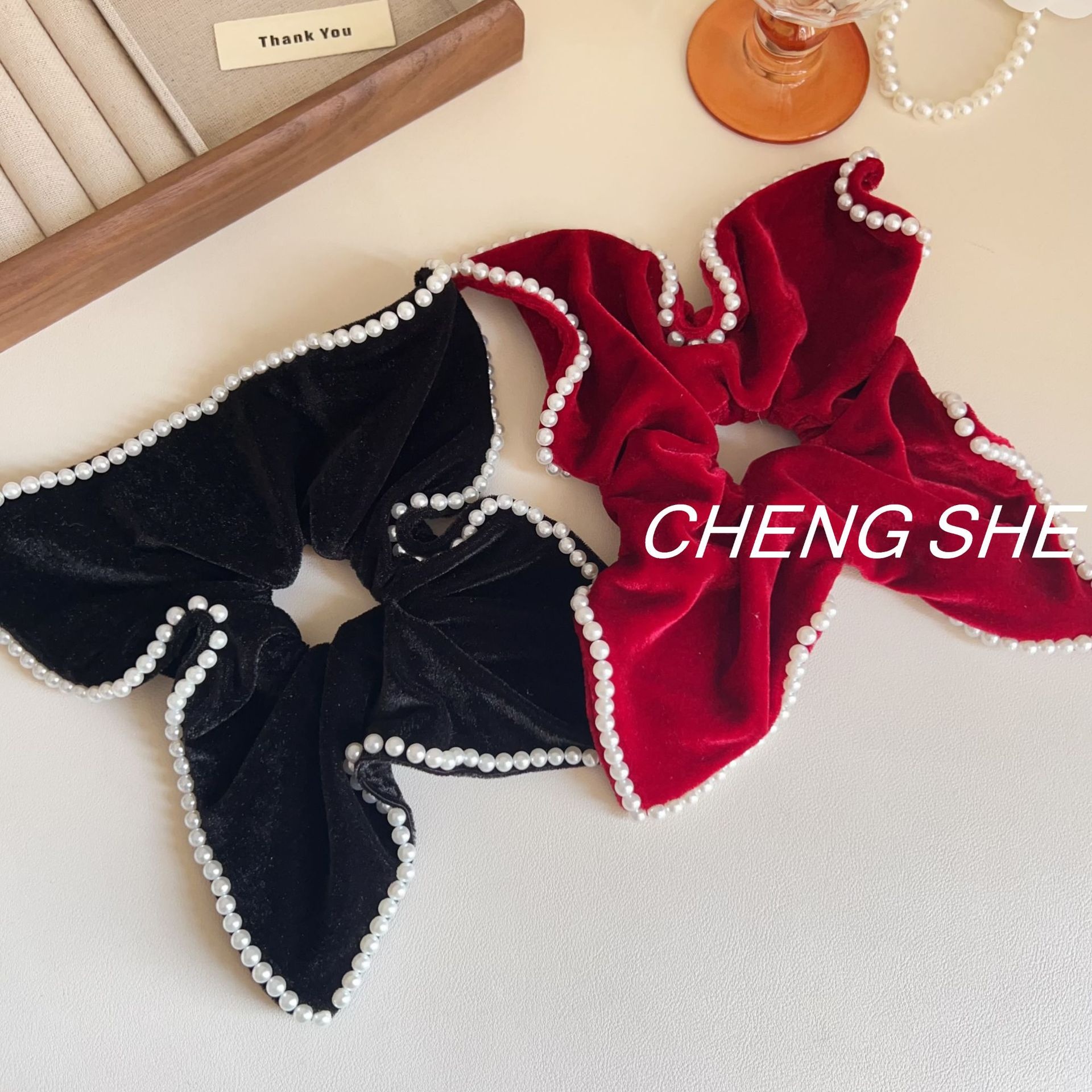 Women's Velvet Scarf Scrunchie For Bun Ponytail Pearl Retro