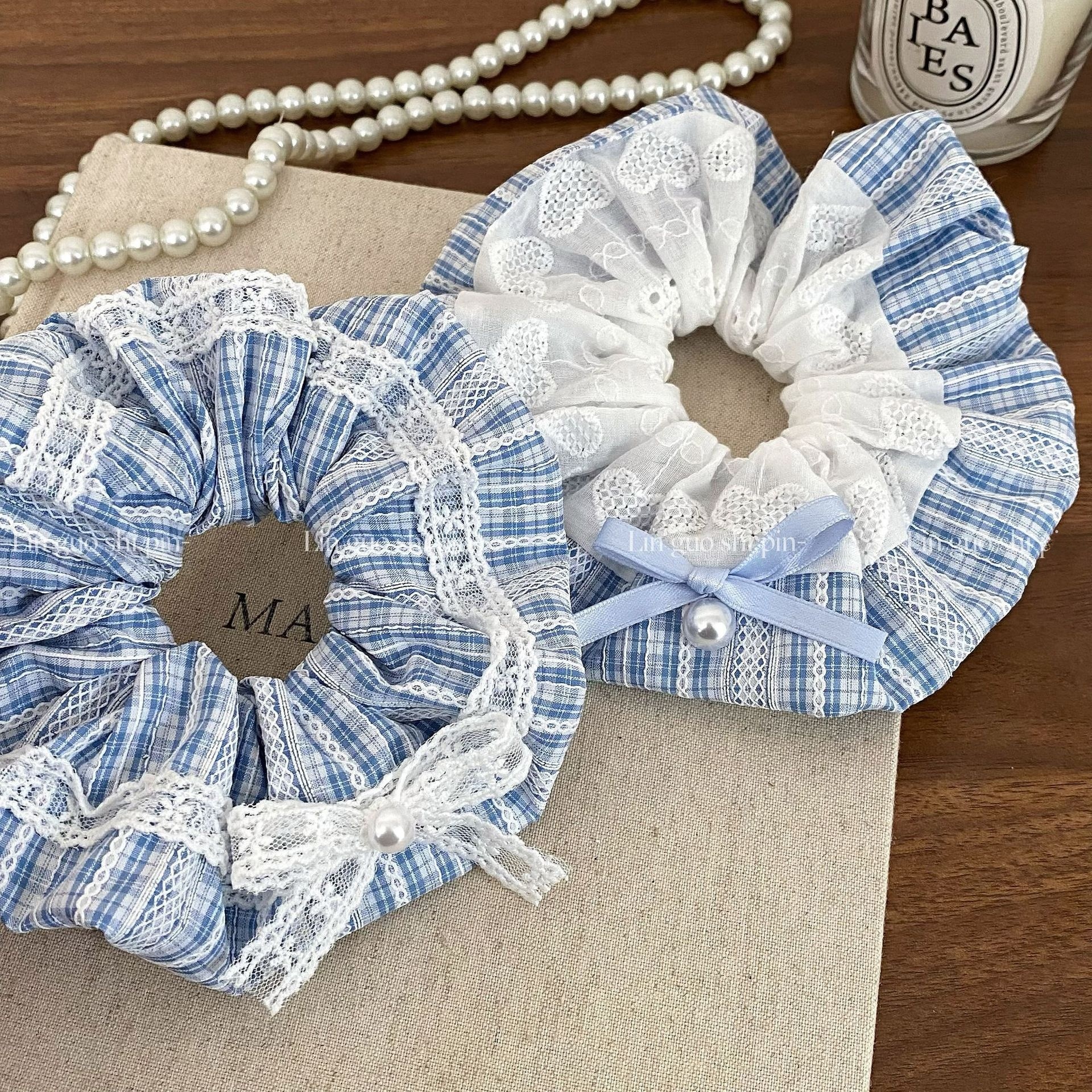 Women's Pearl Lace Bowknot Cloth Hair Scrunchie Blue Checkered
