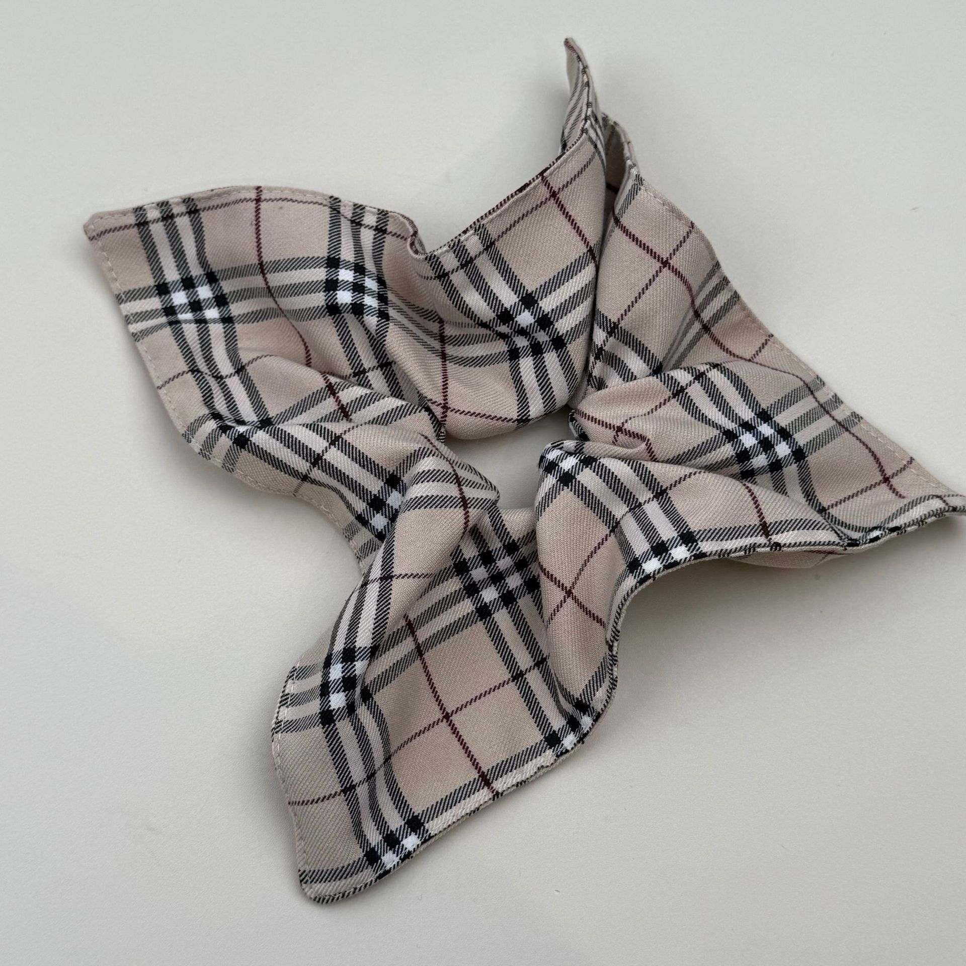 Women's Elegant Scarf Hair Tie Premium Bun Band Plaid Coffee Beige