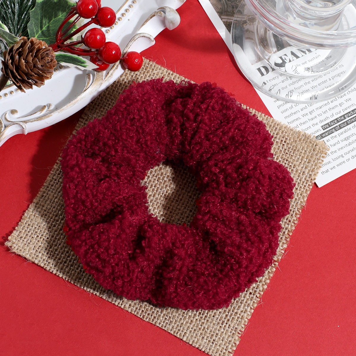 Women's Autumn Winter Fluffy Knit Hair Scrunchie Classic Red Plaid