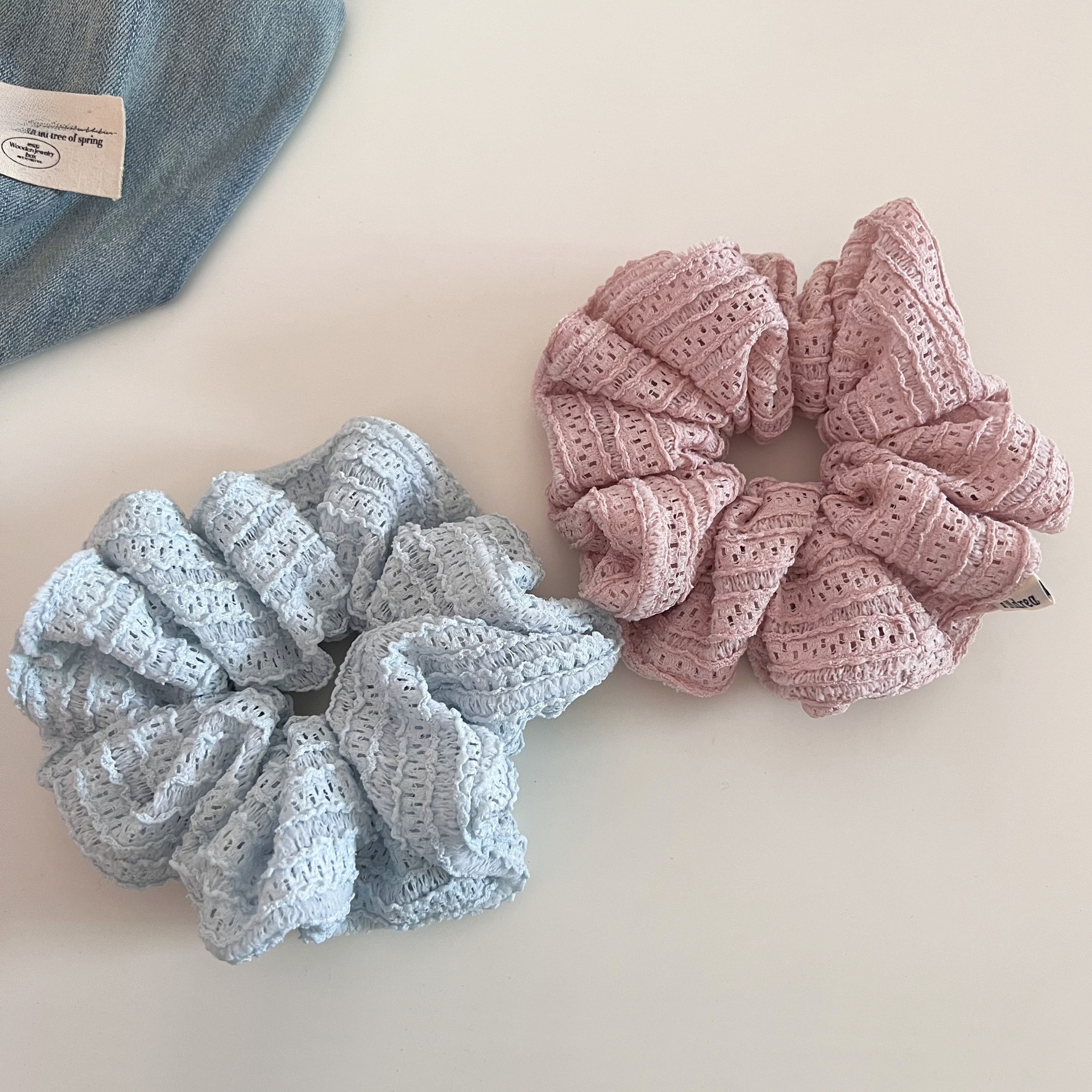 Women's Summer Fairy Lace Hollow Ball Hair Tie Solid Light Blue Pink