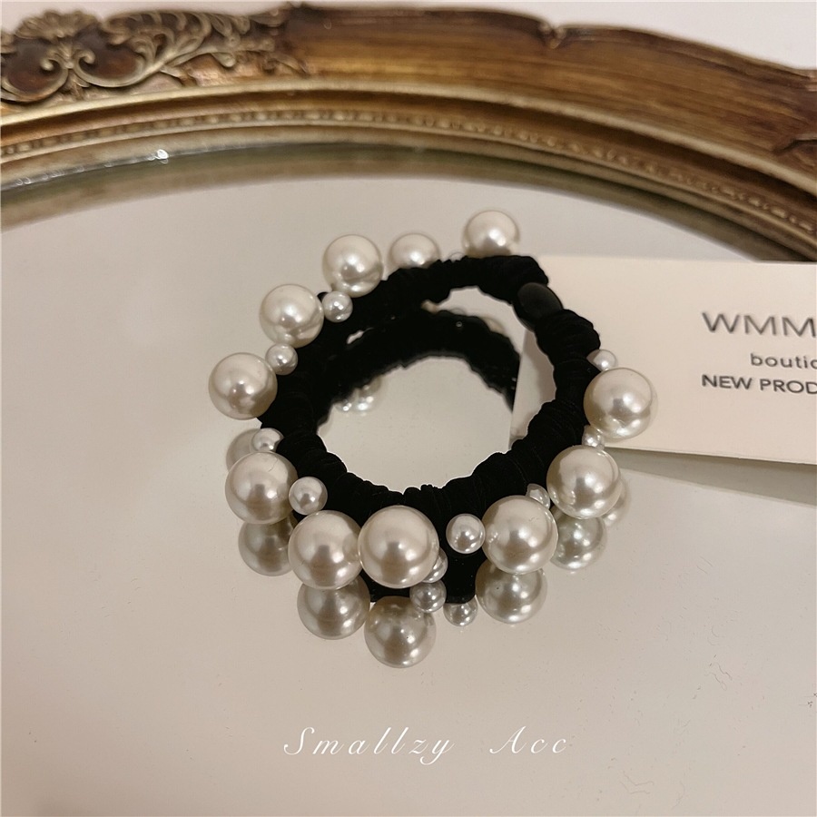 Women's Elegant Imitation Pearl Hair Tie For All Seasons, Solid Black