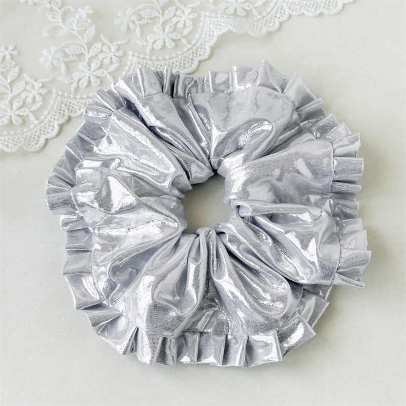 Women's Elegant Satin Pleated Hair Tie Silver Embroidered Flower