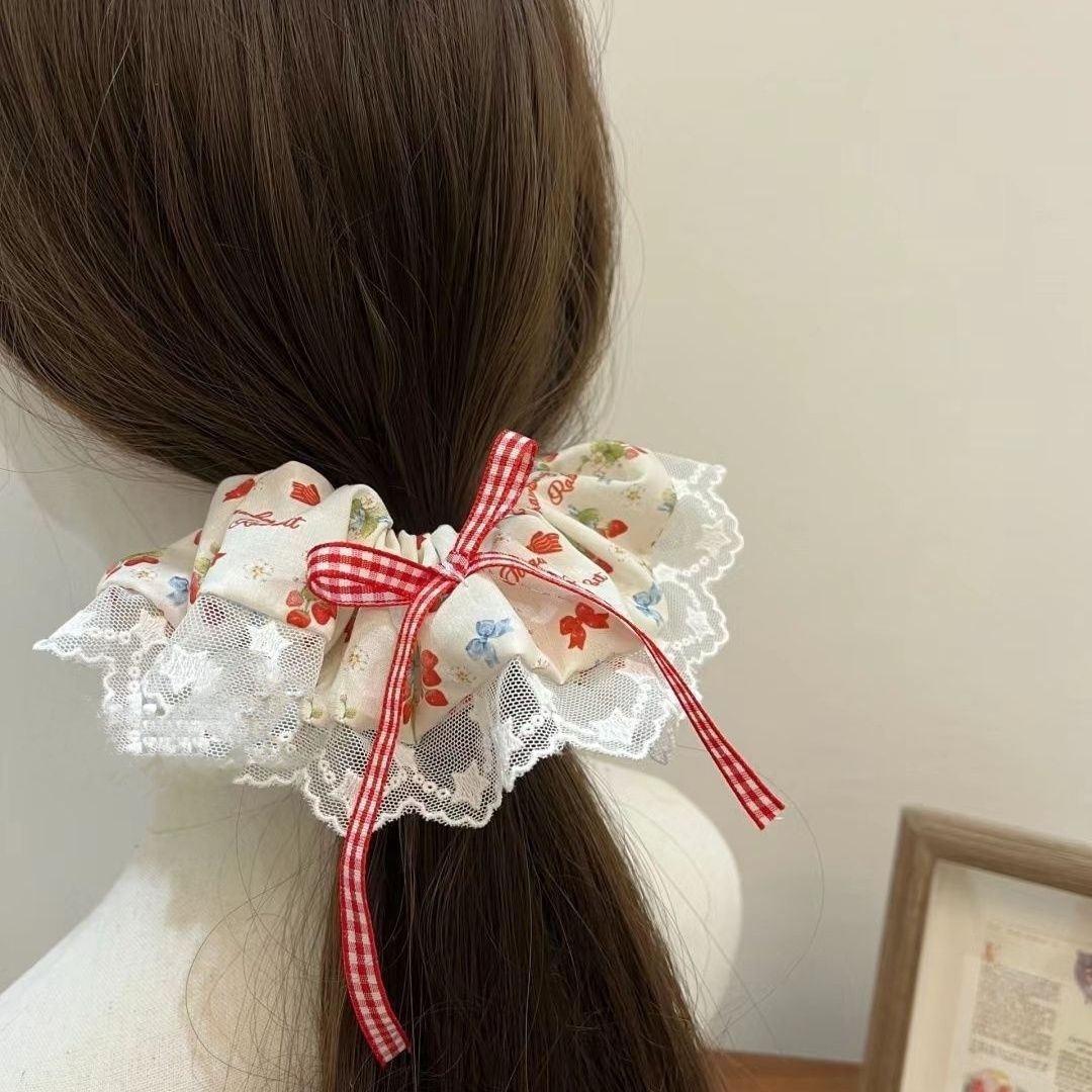 Women's Cloth Hair Scarf Tie Sweet Pastoral Strawberry Floral Lattice Print
