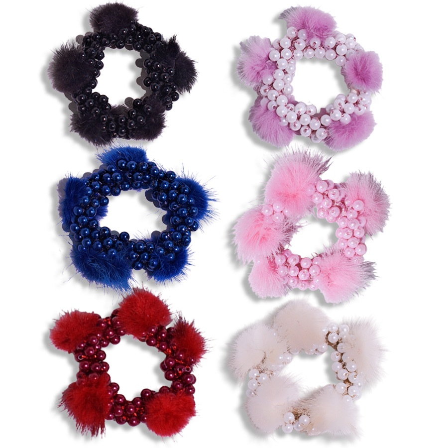 Women's Winter Plush Pearl Hair Tie Solid Color Bubble Ponytail Holder