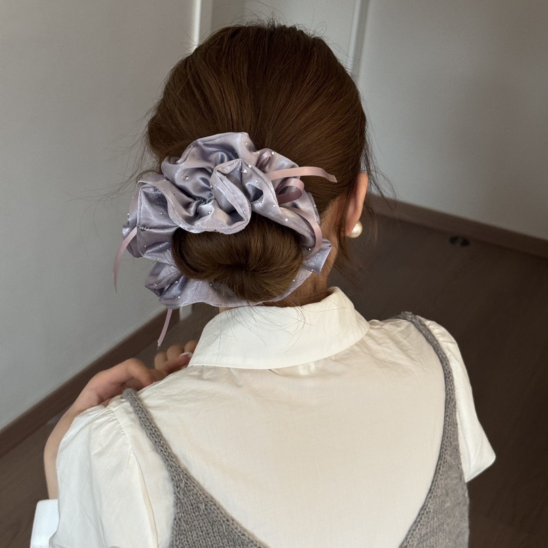 Women's Spring French Rhinestone Bowknot Hair Rubber Band Pink Satin