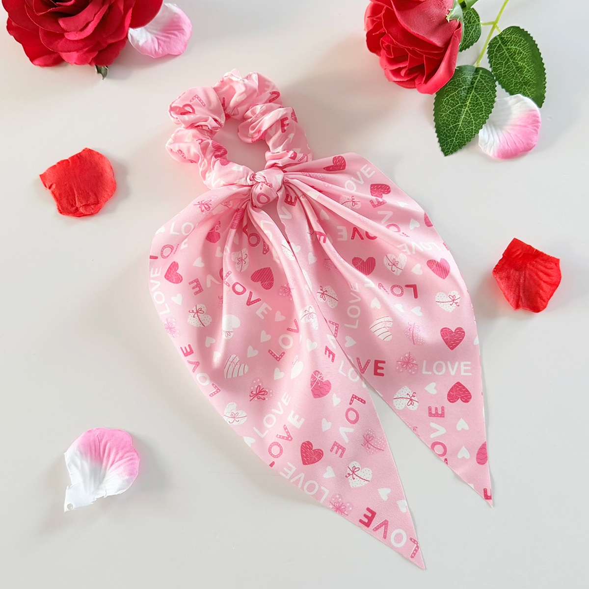 Women's Fabric Bow Hair Tie Ponytail Holder Valentine Heart Lip Print