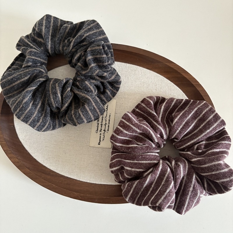 Women's Everyday Spring Knit Hair Tie Scrunchie Dark Grey Stripe